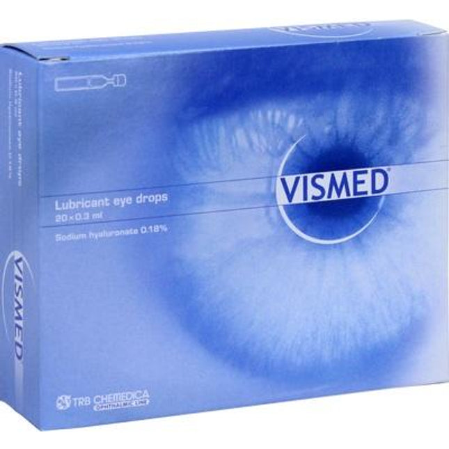 VISMED® Single-Dose Eye Drops are preservative-free lubricating eye drops formulated with 0.18% sodium hyaluronate (hyaluronic acid) to provide long-lasting hydration and relief for dry, irritated, or tired eyes. The sterile single-use vials are designed to closely mimic the natural tear film, helping to stabilize and protect the ocular surface while reducing discomfort caused by environmental factors, prolonged screen time, air conditioning, smoke, wind, or contact lens wear. The preservative-free formulat