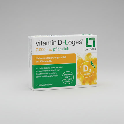 VITAMIN D-LOGES® 7,000 IU Plant-Based Weekly Depot is a premium German vitamin D3 supplement providing a convenient once-weekly supply of vitamin D. The formula contains 100% plant-based vitamin D3 (cholecalciferol) derived from sustainably cultivated algae, making it an ideal option for vegans and vegetarians.