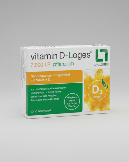 VITAMIN D-LOGES® 7,000 IU Plant-Based Weekly Depot is a premium German vitamin D3 supplement providing a convenient once-weekly supply of vitamin D. The formula contains 100% plant-based vitamin D3 (cholecalciferol) derived from sustainably cultivated algae, making it an ideal option for vegans and vegetarians.