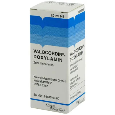 Valocordin Doxylamin medication box with blue and white design on a white background