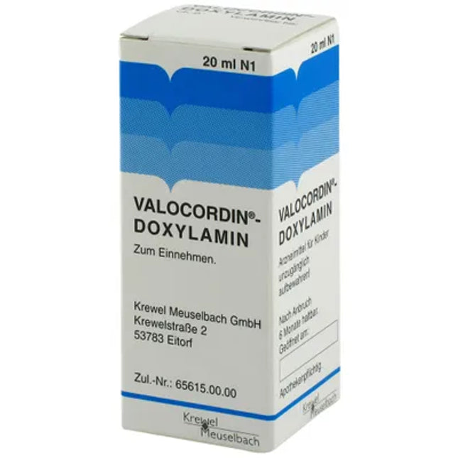 Valocordin Doxylamin medication box with blue and white design on a white background