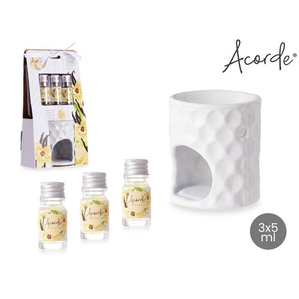 Acorde product set including a white textured diffuser and three small bottles on a white background.