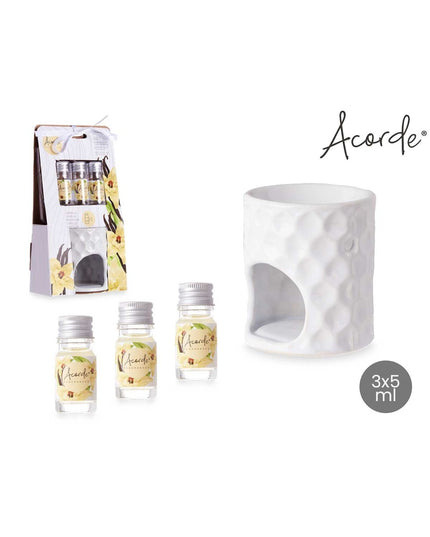 Acorde product set including a white textured diffuser and three small bottles on a white background.