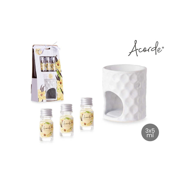 Acorde product set including a white textured diffuser and three small bottles on a white background.
