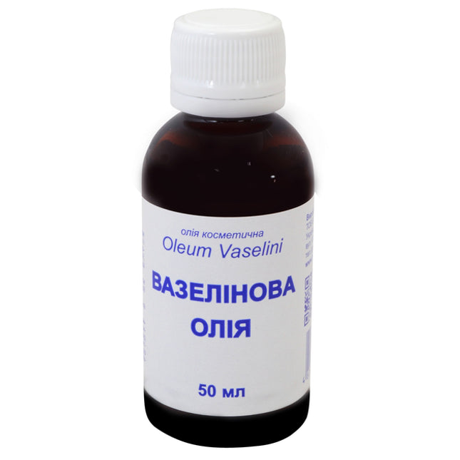 Bottle of Oleum Vaseline with white cap and black label on a white background