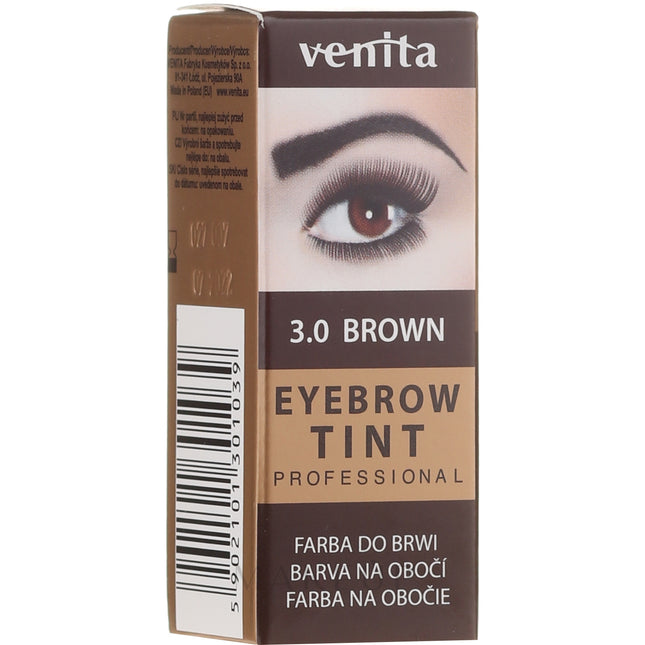Venita eyebrow tint packaging with an eye showing brown color