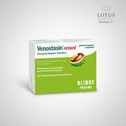 Venostasin® Retard 50 mg is a traditional herbal medicinal product used for the treatment of symptoms associated with chronic venous insufficiency (CVI). It contains a standardized horse chestnut seed extract providing 50 mg of escin (aescin) per capsule. Escin helps strengthen vein walls, reduce capillary permeability, improve venous tone, and decrease swelling, making it effective for relieving heavy legs, leg pain, swelling (edema), itching, and nighttime calf cramps. The prolonged-release formulation pr