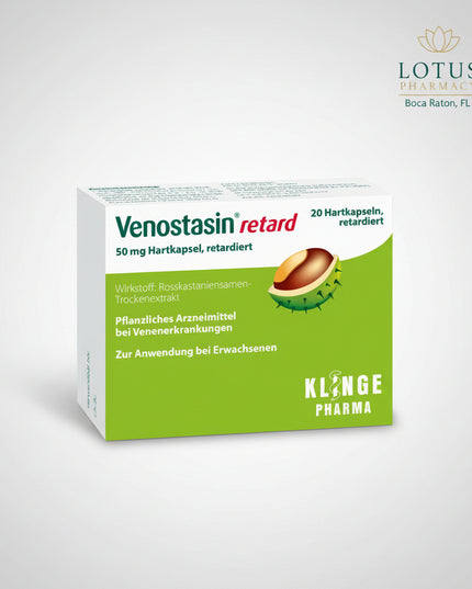 Venostasin® Retard 50 mg is a traditional herbal medicinal product used for the treatment of symptoms associated with chronic venous insufficiency (CVI). It contains a standardized horse chestnut seed extract providing 50 mg of escin (aescin) per capsule. Escin helps strengthen vein walls, reduce capillary permeability, improve venous tone, and decrease swelling, making it effective for relieving heavy legs, leg pain, swelling (edema), itching, and nighttime calf cramps. The prolonged-release formulation pr
