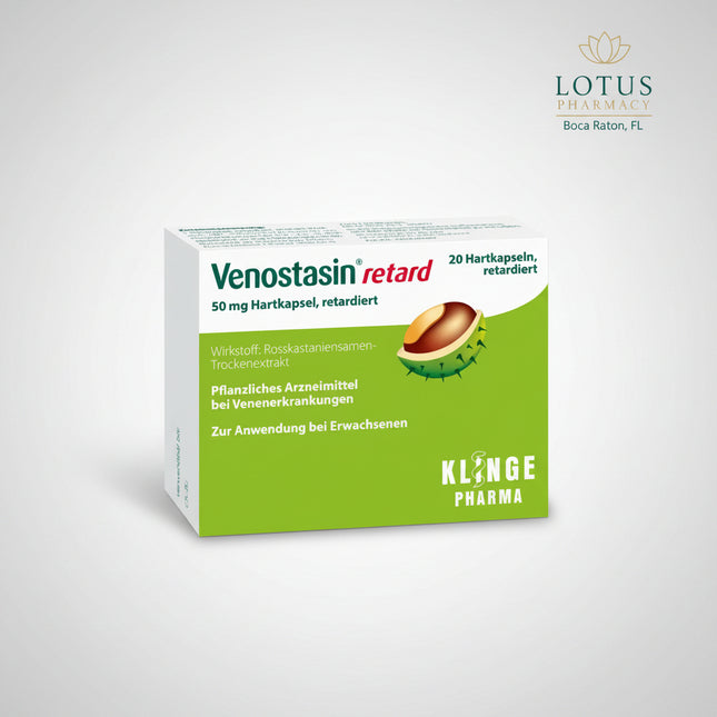 Venostasin® Retard 50 mg is a traditional herbal medicinal product used for the treatment of symptoms associated with chronic venous insufficiency (CVI). It contains a standardized horse chestnut seed extract providing 50 mg of escin (aescin) per capsule. Escin helps strengthen vein walls, reduce capillary permeability, improve venous tone, and decrease swelling, making it effective for relieving heavy legs, leg pain, swelling (edema), itching, and nighttime calf cramps. The prolonged-release formulation pr
