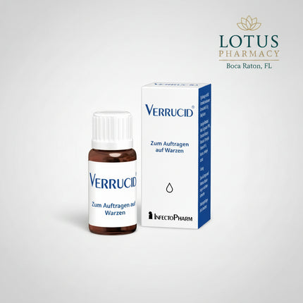 Verrucid® 10% Solution is a German topical medicine containing salicylic acid 100 mg per gram (10%) for the treatment of common warts, corns, and calluses caused by excessive thickening of the outer layer of skin.

Salicylic acid has a keratolytic (peeling/softening) action that gradually loosens and removes thickened keratinized skin. Verrucid dries after application to form a white protective film, helping keep the active ingredient localized on the treatment area.