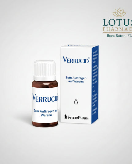 Verrucid® 10% Solution is a German topical medicine containing salicylic acid 100 mg per gram (10%) for the treatment of common warts, corns, and calluses caused by excessive thickening of the outer layer of skin.

Salicylic acid has a keratolytic (peeling/softening) action that gradually loosens and removes thickened keratinized skin. Verrucid dries after application to form a white protective film, helping keep the active ingredient localized on the treatment area.