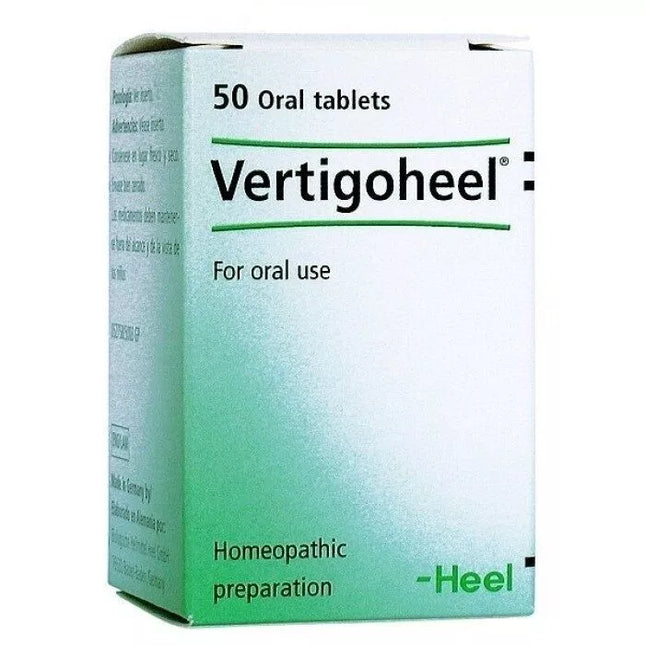 Box of Vertigoheel oral tablets with green and white design