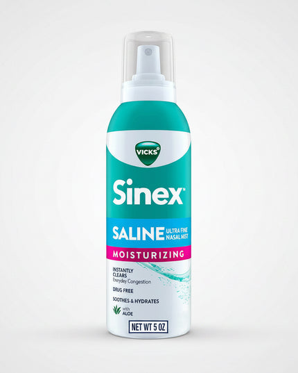 Vicks Sinex Saline Ultra Fine Nasal Mist is a drug-free saline nasal spray designed to help relieve nasal congestion associated with colds, allergies, dry air, and environmental irritants. The ultra-fine mist helps moisturize dry nasal passages while rinsing away allergens, dust, mucus, and irritants