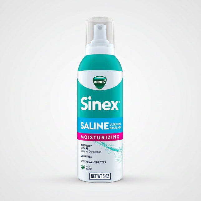 Vicks Sinex Saline Ultra Fine Nasal Mist is a drug-free saline nasal spray designed to help relieve nasal congestion associated with colds, allergies, dry air, and environmental irritants. The ultra-fine mist helps moisturize dry nasal passages while rinsing away allergens, dust, mucus, and irritants