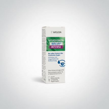Visiodoron Malva® Intense Eye Drops by Weleda are preservative-free, intensively moisturizing eye drops designed for dry, very dry, and chronically dry eyes.
The formula combines 0.3% sodium hyaluronate (hyaluronic acid) with 0.5% mallow flower extract (Malva sylvestris). Together, these ingredients provide immediate relief and long-lasting moisture while helping stabilize the tear film and protect the surface of the eye from insufficient lubrication