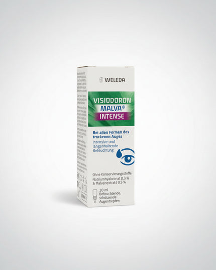 Visiodoron Malva® Intense Eye Drops by Weleda are preservative-free, intensively moisturizing eye drops designed for dry, very dry, and chronically dry eyes.
The formula combines 0.3% sodium hyaluronate (hyaluronic acid) with 0.5% mallow flower extract (Malva sylvestris). Together, these ingredients provide immediate relief and long-lasting moisture while helping stabilize the tear film and protect the surface of the eye from insufficient lubrication