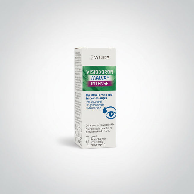 Visiodoron Malva® Intense Eye Drops by Weleda are preservative-free, intensively moisturizing eye drops designed for dry, very dry, and chronically dry eyes.
The formula combines 0.3% sodium hyaluronate (hyaluronic acid) with 0.5% mallow flower extract (Malva sylvestris). Together, these ingredients provide immediate relief and long-lasting moisture while helping stabilize the tear film and protect the surface of the eye from insufficient lubrication