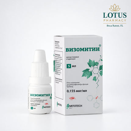 Visomitin® is an ophthalmic medicine containing plastochinonyldecyltriphenylphosphonium bromide 0.155 mcg/mL, also known as SkQ1. It is classified as a keratoprotective agent with antioxidant properties and is used in Russia as part of treatment for dry eye syndrome / corneal-conjunctival xerosis and for the initial stage of age-related cataract.
