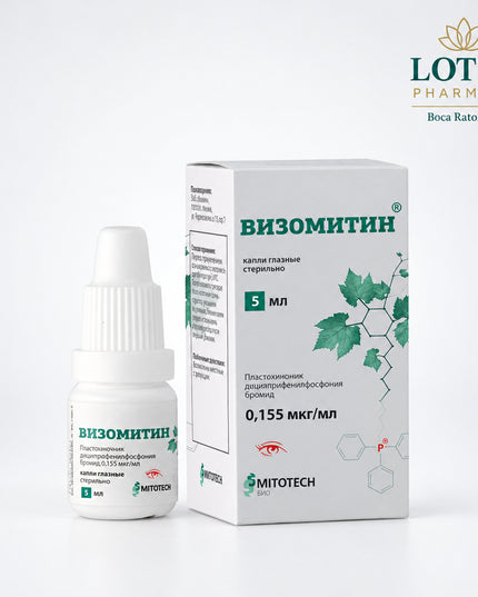 Visomitin® is an ophthalmic medicine containing plastochinonyldecyltriphenylphosphonium bromide 0.155 mcg/mL, also known as SkQ1. It is classified as a keratoprotective agent with antioxidant properties and is used in Russia as part of treatment for dry eye syndrome / corneal-conjunctival xerosis and for the initial stage of age-related cataract.