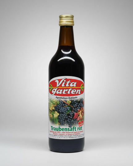 Vitagarten Roter Traubensaft + Eisen is a ready-to-drink red grape juice enriched with iron to help support daily iron intake. Made primarily from red grapes with a small proportion of white grape juice, this non-prescription beverage combines natural fruit juice with added minerals for nutritional support.

