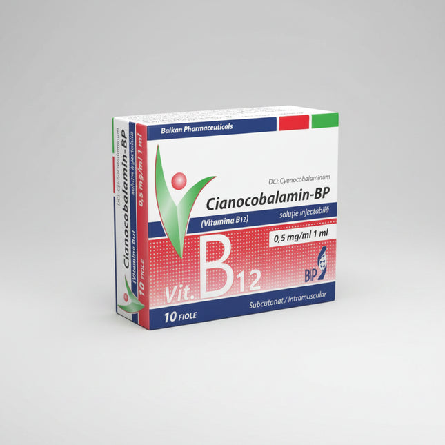 Vitamin B12 (Cyanocobalamin) 0.05% Injection is a sterile injectable solution containing cyanocobalamin (Vitamin B12), an essential water-soluble vitamin that supports red blood cell formation, normal nervous system function, DNA synthesis, and energy metabolism. It is commonly used to treat and prevent vitamin B12 deficiency and conditions associated with impaired absorption or increased vitamin B12 requirements.