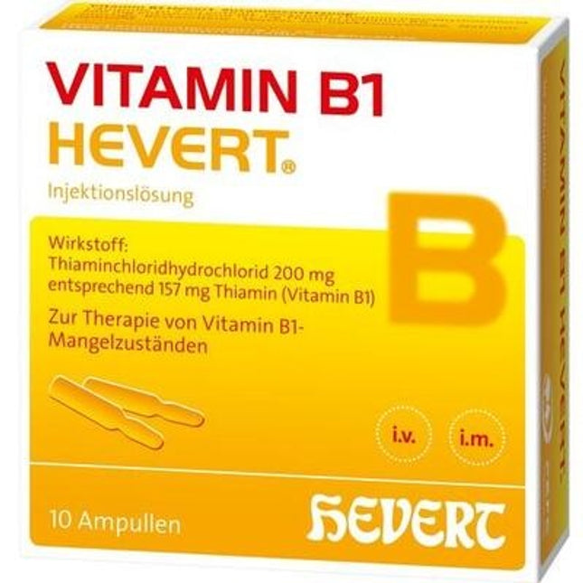 Vitamin B1 Hevert injection solution packaging with yellow and white design.