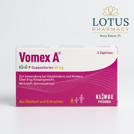 Vomex A Children’s Suppositories are a German anti-nausea medicine containing dimenhydrinate 40 mg per suppository. They are used for the prevention and symptomatic treatment of nausea and vomiting of various causes, particularly motion sickness.