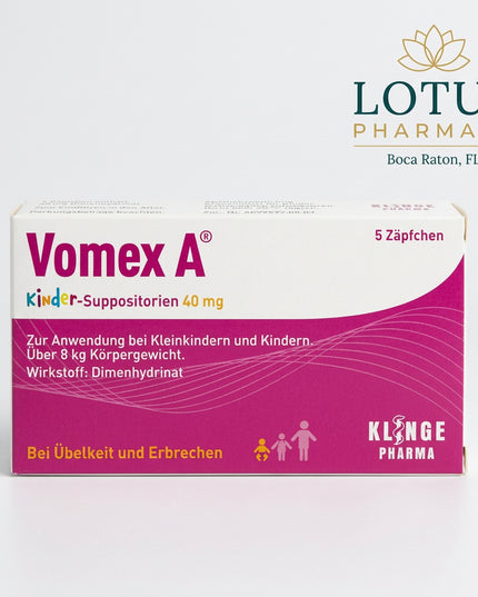 Vomex A Children’s Suppositories are a German anti-nausea medicine containing dimenhydrinate 40 mg per suppository. They are used for the prevention and symptomatic treatment of nausea and vomiting of various causes, particularly motion sickness.