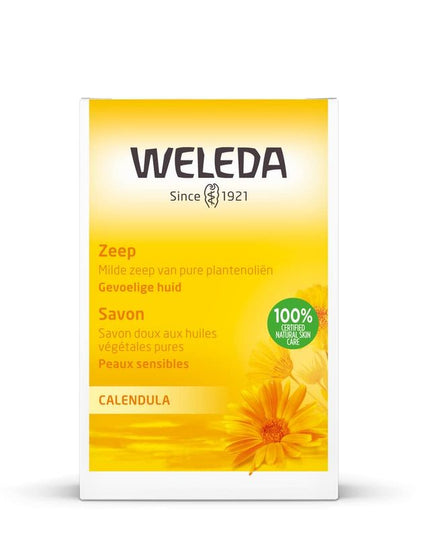 Weleda product packaging with a yellow background and a daisy flower.