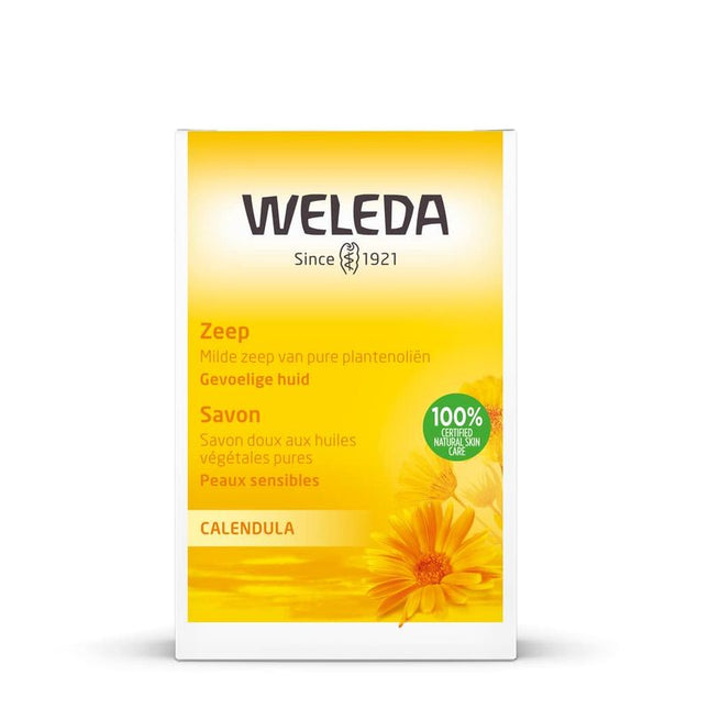 Weleda product packaging with a yellow background and a daisy flower.