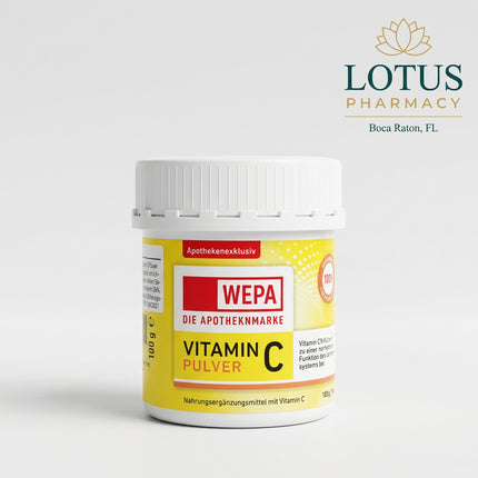 WEPA Vitamin C Powder is a German dietary supplement made with 100% pure L-ascorbic acid (Vitamin C). It is designed to support normal immune system function, energy metabolism, nervous system function, and antioxidant protection.