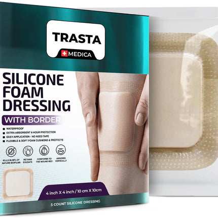 Trasta Medica silicone foam dressing packaging with a clear window showing the product.