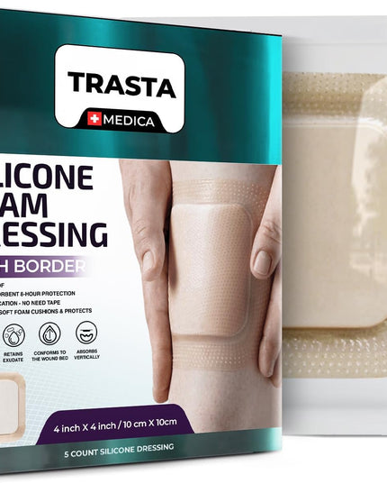 Trasta Medica silicone foam dressing packaging with a clear window showing the product.