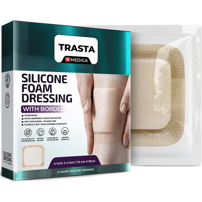Trasta Medica silicone foam dressing packaging with a clear window showing the product.