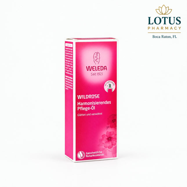 Weleda Wild Rose Body Oil is a nourishing botanical body oil formulated with wild rose seed oil, jojoba oil, sweet almond oil, and essential oils. It is designed to support dry, demanding, and mature skin, helping improve softness, suppleness, and overall skin comfort.