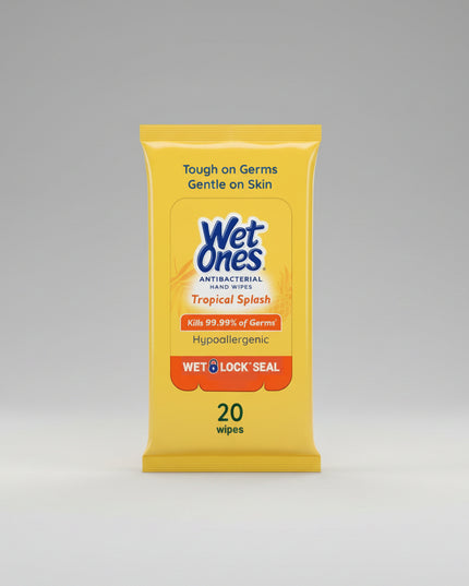 Wet Ones Antibacterial Hand Wipes are designed to effectively clean hands and kill 99.99% of many common germs while removing dirt and messes. These soft, durable wipes contain moisturizing ingredients such as aloe and are gentle enough for everyday use. Available in&nbsp;Fresh Scent and Tropical Splash varieties, they provide convenient on-the-go hand hygiene without the need for soap and water.