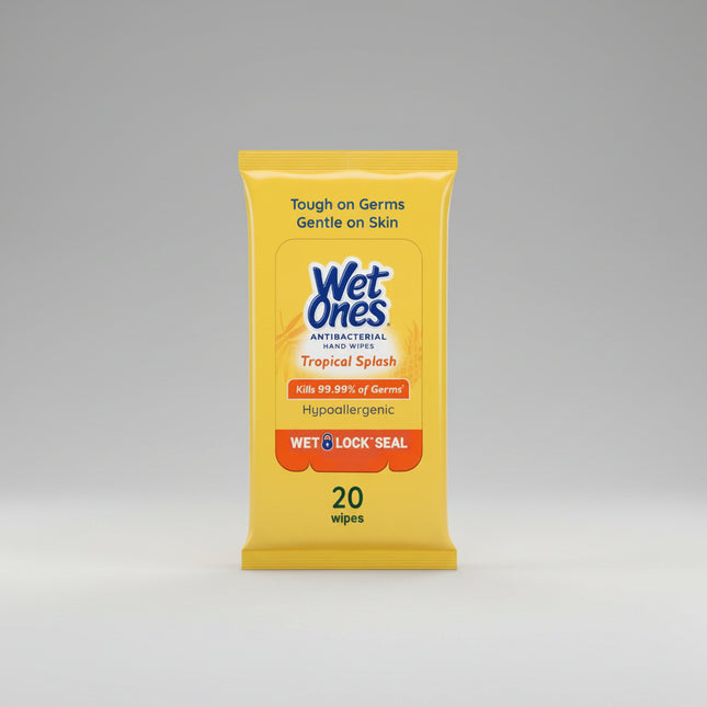 Wet Ones Antibacterial Hand Wipes are designed to effectively clean hands and kill 99.99% of many common germs while removing dirt and messes. These soft, durable wipes contain moisturizing ingredients such as aloe and are gentle enough for everyday use. Available in&nbsp;Fresh Scent and Tropical Splash varieties, they provide convenient on-the-go hand hygiene without the need for soap and water.