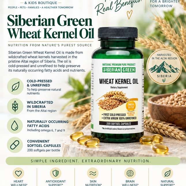 Siberian Green Wheat Kernel Oil dietary supplement, 200 softgels, made from cold-pressed and unrefined wheat kernel oil with naturally occurring omega-6, omega-7 and omega-9 fatty acids.