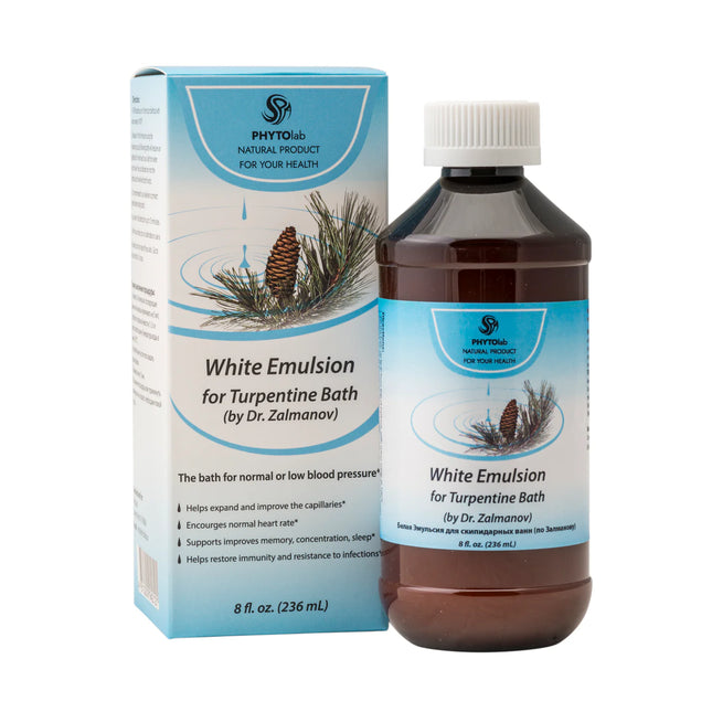 White Emulsion for Turpentine Bath packaging and bottle on a white background