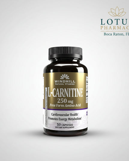 Windmill L-Carnitine 250 mg Capsules provide L-carnitine, a naturally occurring amino acid derivative involved in cellular energy production and fatty acid metabolism. L-carnitine helps transport fatty acids into the mitochondria, where they are converted into energy. The supplement is commonly used to support exercise performance, energy metabolism, and active lifestyle wellness.