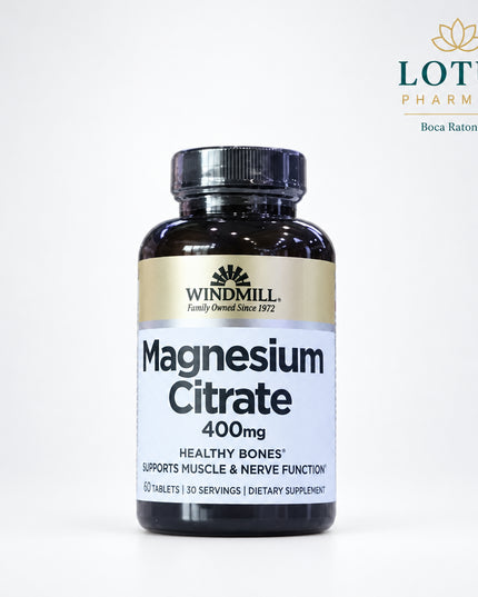 Windmill Magnesium Citrate 400 mg Tablets provide a highly absorbable form of magnesium designed to support muscle function, nerve health, bone strength, and overall wellness. Magnesium citrate is commonly chosen for its enhanced bioavailability compared to some other magnesium forms.