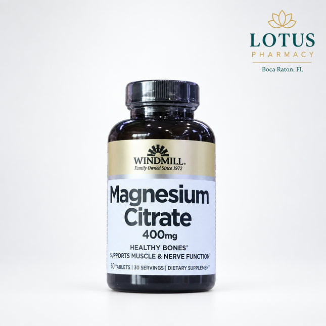 Windmill Magnesium Citrate 400 mg Tablets provide a highly absorbable form of magnesium designed to support muscle function, nerve health, bone strength, and overall wellness. Magnesium citrate is commonly chosen for its enhanced bioavailability compared to some other magnesium forms.