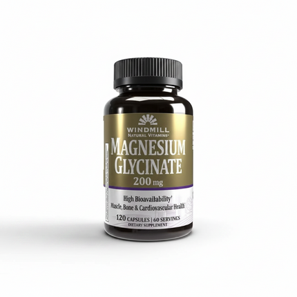 Windmill Magnesium Glycinate 200 mg is a highly bioavailable magnesium supplement designed to support muscle relaxation, nerve function, bone health, and cardiovascular wellness. Magnesium glycinate is one of the most absorbable forms of magnesium and is known for being gentle on the stomach. This formula provides 200 mg of elemental magnesium per serving and is ideal for daily magnesium supplementation.