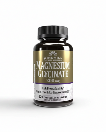 Windmill Magnesium Glycinate 200 mg is a highly bioavailable magnesium supplement designed to support muscle relaxation, nerve function, bone health, and cardiovascular wellness. Magnesium glycinate is one of the most absorbable forms of magnesium and is known for being gentle on the stomach. This formula provides 200 mg of elemental magnesium per serving and is ideal for daily magnesium supplementation.