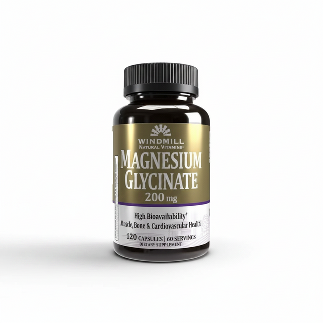 Windmill Magnesium Glycinate 200 mg is a highly bioavailable magnesium supplement designed to support muscle relaxation, nerve function, bone health, and cardiovascular wellness. Magnesium glycinate is one of the most absorbable forms of magnesium and is known for being gentle on the stomach. This formula provides 200 mg of elemental magnesium per serving and is ideal for daily magnesium supplementation.