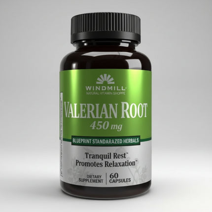 Windmill Valerian Root 450 mg Extract is an herbal supplement traditionally used to support relaxation, restful sleep, and overall calmness. Derived from Valeriana officinalis root extract, this formula provides the equivalent of 1,800 mg of whole valerian root herb per capsule. Valerian has been used for centuries as a natural botanical to help support the body's normal sleep cycle and promote relaxation. The formula is Non-GMO and Gluten-Free.