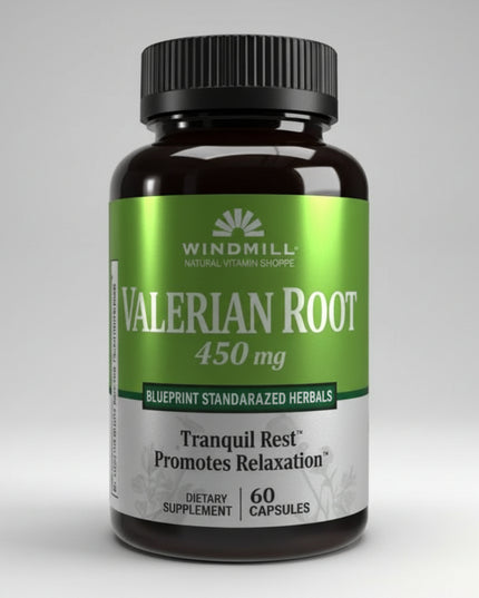 Windmill Valerian Root 450 mg Extract is an herbal supplement traditionally used to support relaxation, restful sleep, and overall calmness. Derived from Valeriana officinalis root extract, this formula provides the equivalent of 1,800 mg of whole valerian root herb per capsule. Valerian has been used for centuries as a natural botanical to help support the body's normal sleep cycle and promote relaxation. The formula is Non-GMO and Gluten-Free.