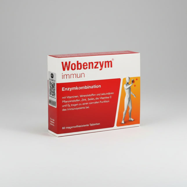 Wobenzym Immun is a dietary supplement combining systemic enzymes with vitamins, minerals, and bioactive plant compounds to support normal immune function, antioxidant protection, and inflammatory balance. The unique blend of enzyme activity and micronutrients helps the body respond to stressors and supports overall wellness during periods of immune challenge.