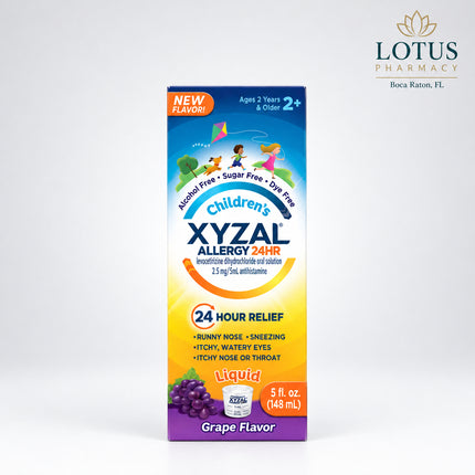 Xyzal® Children's Allergy 24HR Liquid provides all-day relief from indoor and outdoor allergy symptoms in children ages 2 years and older. Formulated with levocetirizine dihydrochloride, this once-daily antihistamine helps relieve sneezing, runny nose, itchy nose, itchy throat, and itchy, watery eyes caused by seasonal and year-round allergies. The kid-friendly bubble gum / grape flavor makes administration easy and convenient.