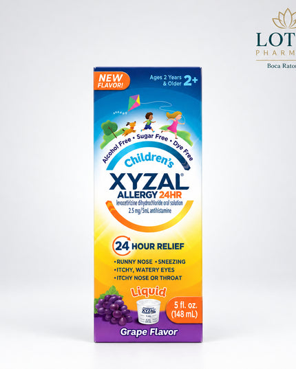 Xyzal® Children's Allergy 24HR Liquid provides all-day relief from indoor and outdoor allergy symptoms in children ages 2 years and older. Formulated with levocetirizine dihydrochloride, this once-daily antihistamine helps relieve sneezing, runny nose, itchy nose, itchy throat, and itchy, watery eyes caused by seasonal and year-round allergies. The kid-friendly bubble gum / grape flavor makes administration easy and convenient.